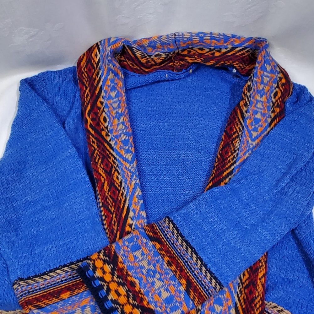 Ruby Rd Women's Blue Bohemian Fringe L/S Knit Cardigan Multicolor Trim Large